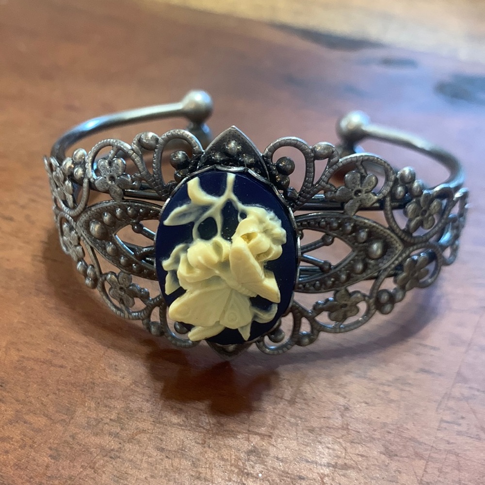 Cameo butterfly cuff bracelet blue and white